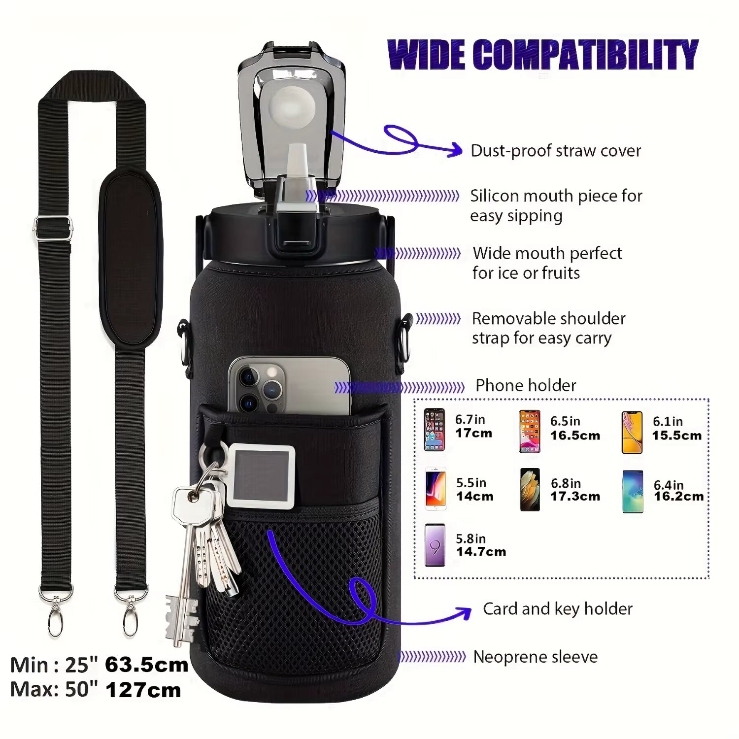 Half Gallon Water Bottle with Sleeve, 64Oz 2000ML Motivational Water Bottle with Straw & Time Marker